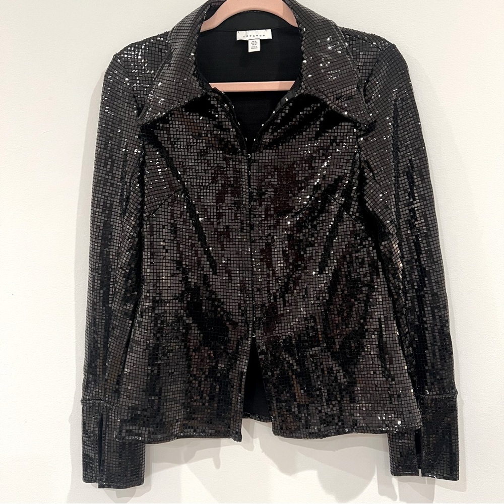 Topshop metallic black button-down shirt with collar and cinched waist